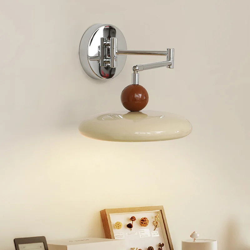 Medieval Rotatable Long Arm Rocker Wall Lamp LED Bedroom Bedside Living Room Study Homestay Hotel French Cream Style Wall Lights