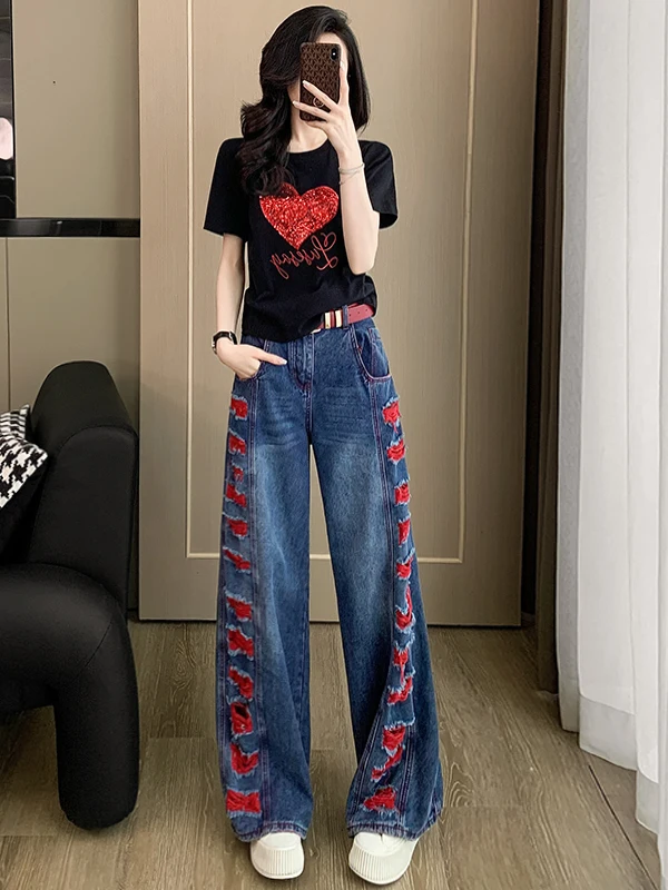 

Fashionable Hong Kong Style Women's Slimming Black Short Sleeve T-Shirt Wide Leg Jeans Two-Piece Set Comfortable Cotton Summe...