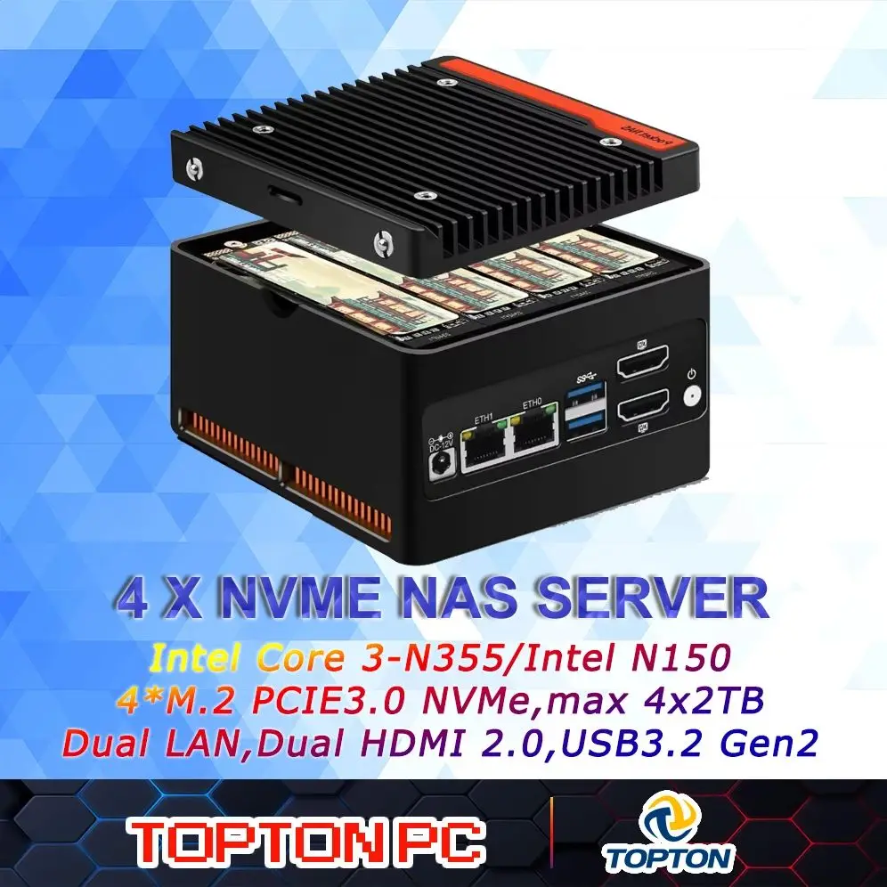 NAS tascabile a 4 alloggiamenti con 4 slot NVMe Core 3 N355 Mini PC di archiviazione Intel N150 con 2 x i226V 2,5 GbE LAN, server NAS per micro computer