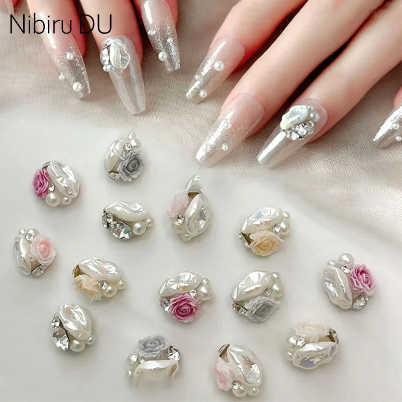 

5Pcs Rose Camellia Flower Pile Baroque Nail Art Glitter Rhinestone Pearl Diamond Nail Charm 3D Nail Supplies DIY Accessories