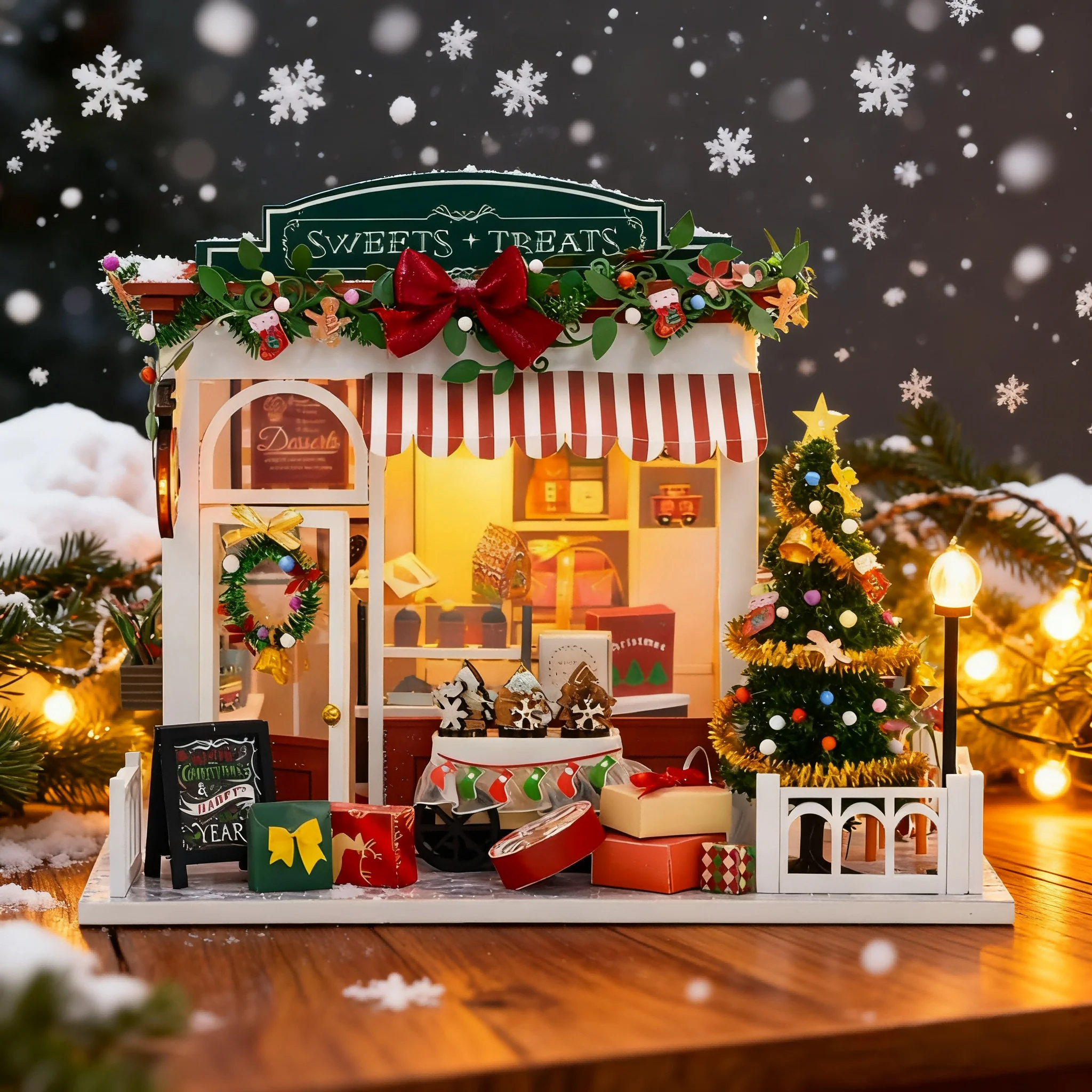 Christmas Dollhouse DIY Miniature Kit with Furniture Xmas Village Wooden Model House Holiday Gift for Teens Adults