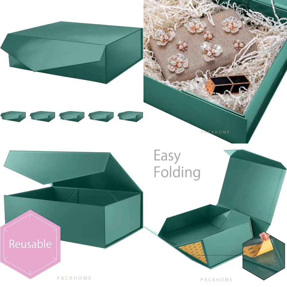 

6 Premium Dark Green Gift Boxes with Lids, Sturdy and Collapsible, Magnetic Closure for Elegant Packaging