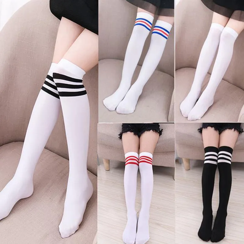 2024 autumn Kids Knee High Socks jk Girls Football Stripes Cotton Sports sailor White Socks Skate Child Baby Long Tube Leg 8 10