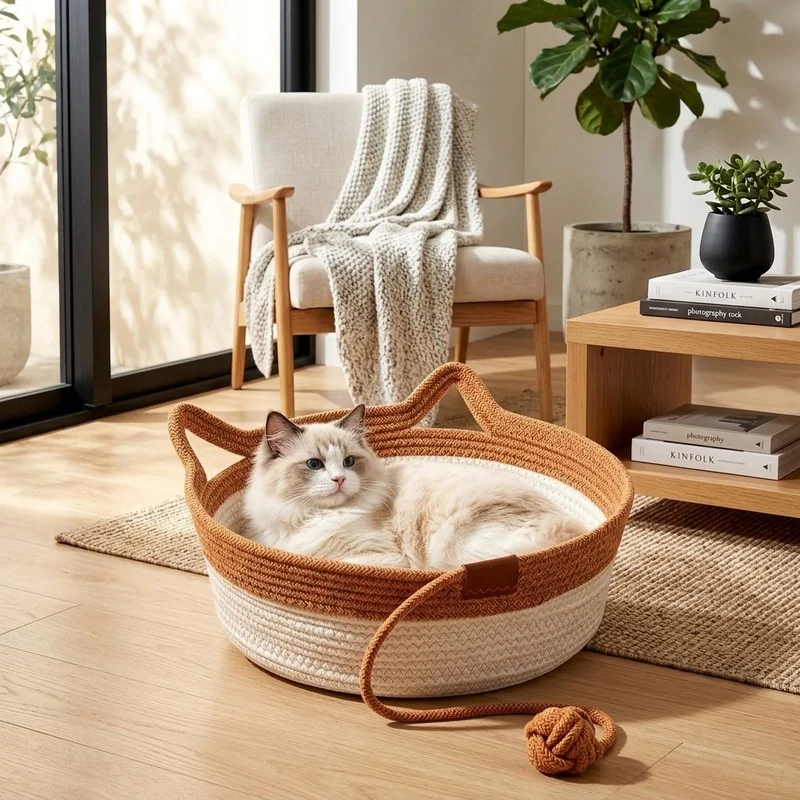 35/40/46cm Handwoven Cotton Rope Cat Basket Bed with Cat Ear Handles Ball Toy Indoor Cat Nest Sleeping Basket
