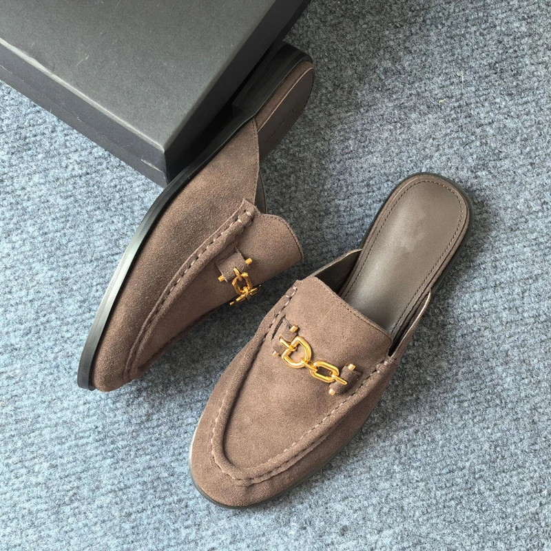 

Dave&di Office Women's Genuine Leather Flat-toe Slippers With Buckle Closure British Fashion Mules Shoes Flats Casual Loafers