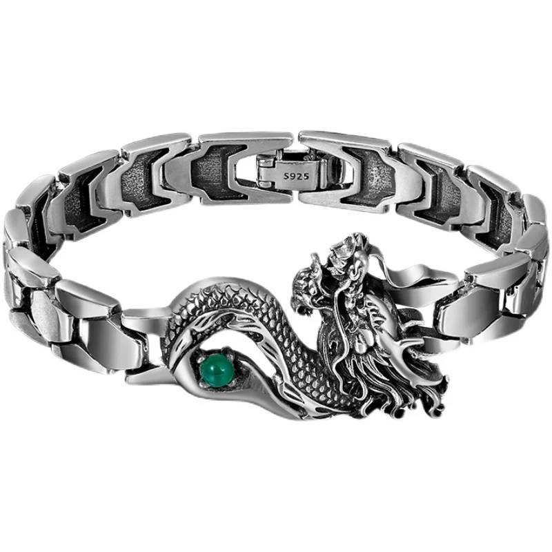 Silver Color Creative Watch with Green Gem Dragon Totem Men's Bracelet Men's Personality Trendy Simple European and American