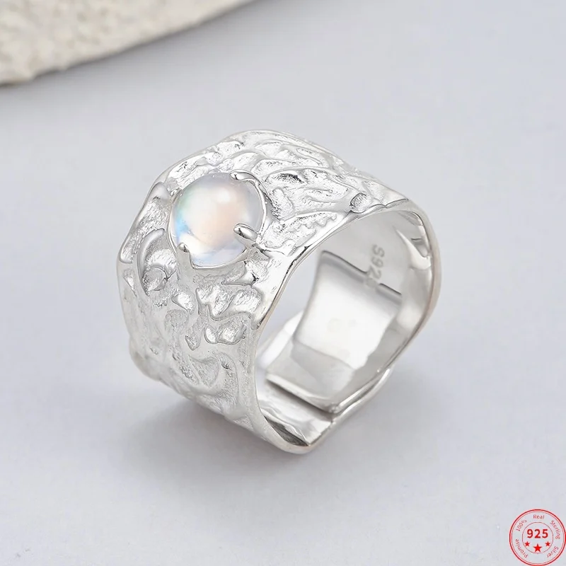 BOCAI NEW S925 Sterling Silver Jewelry Wholesale Fold Texture Pattern Inlay Natural Moon Stone Rings Women's Selected Gift