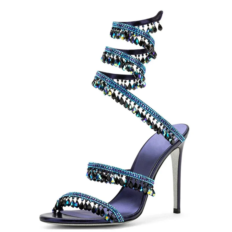 Crystal Pendant Ankle Snake Wrap Sandals Open Toe High Heels Wedding Bridal Shoes Woman Summer 2025 Fashion Luxury Pumps view 2