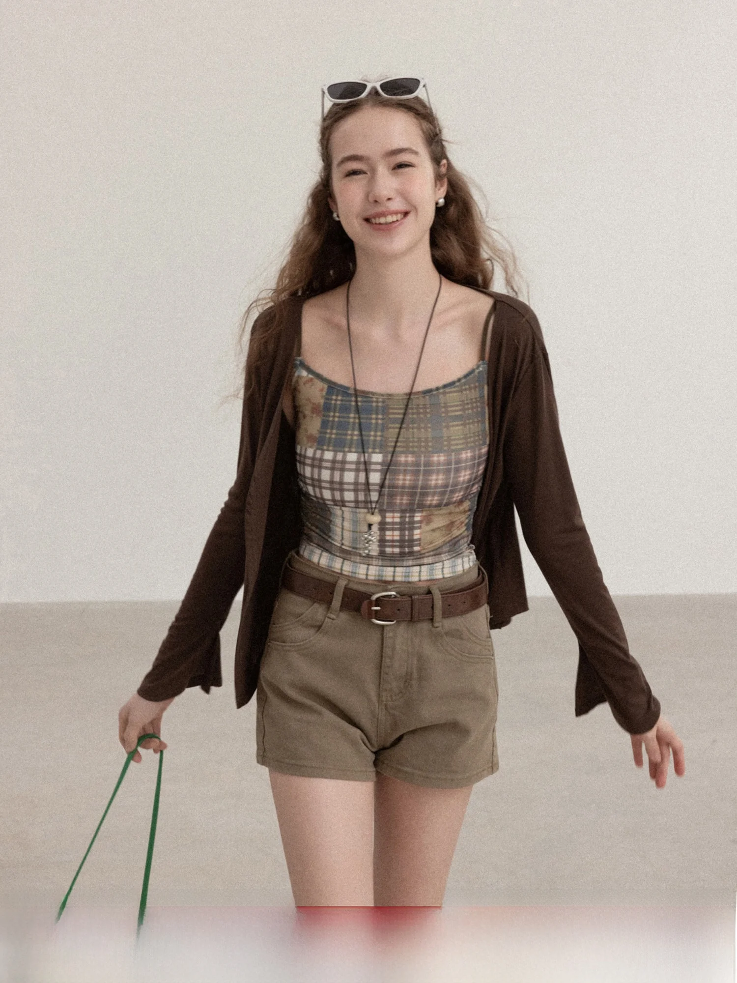 

Retro Coffee Color Open Cardigan Long Sleeve T-Shirt Women's Spring Inner Plaid Strap Vest Two-Piece Set Casual Style Slim Fit