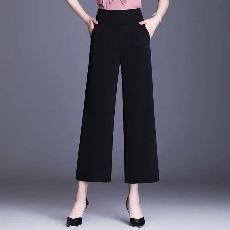 Frühling und Herbst Frauen einfarbig elastisch hohe Taille breites Bein locker sitzen gerades Bein lange Mode elegante Pendler hose