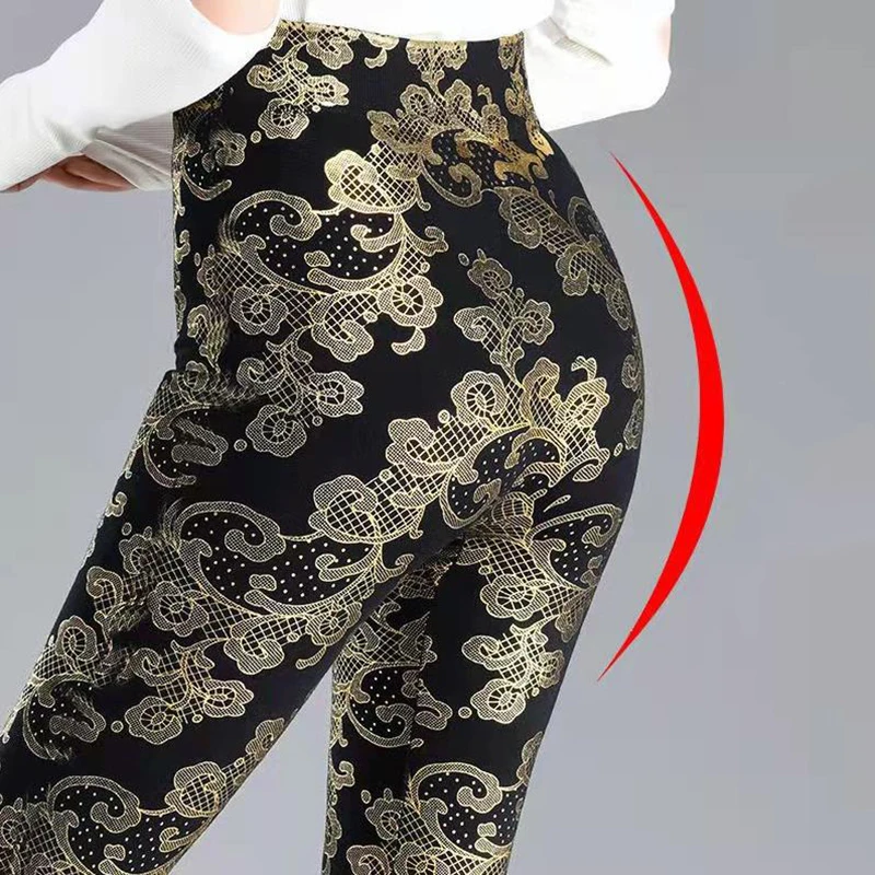 Retro-Druck nahtlose Leggings hohe Taille übergroße Gold Silber Mode Outwear dünne Sommer lange Hosen Fitness studio Spandex Leggins Frau