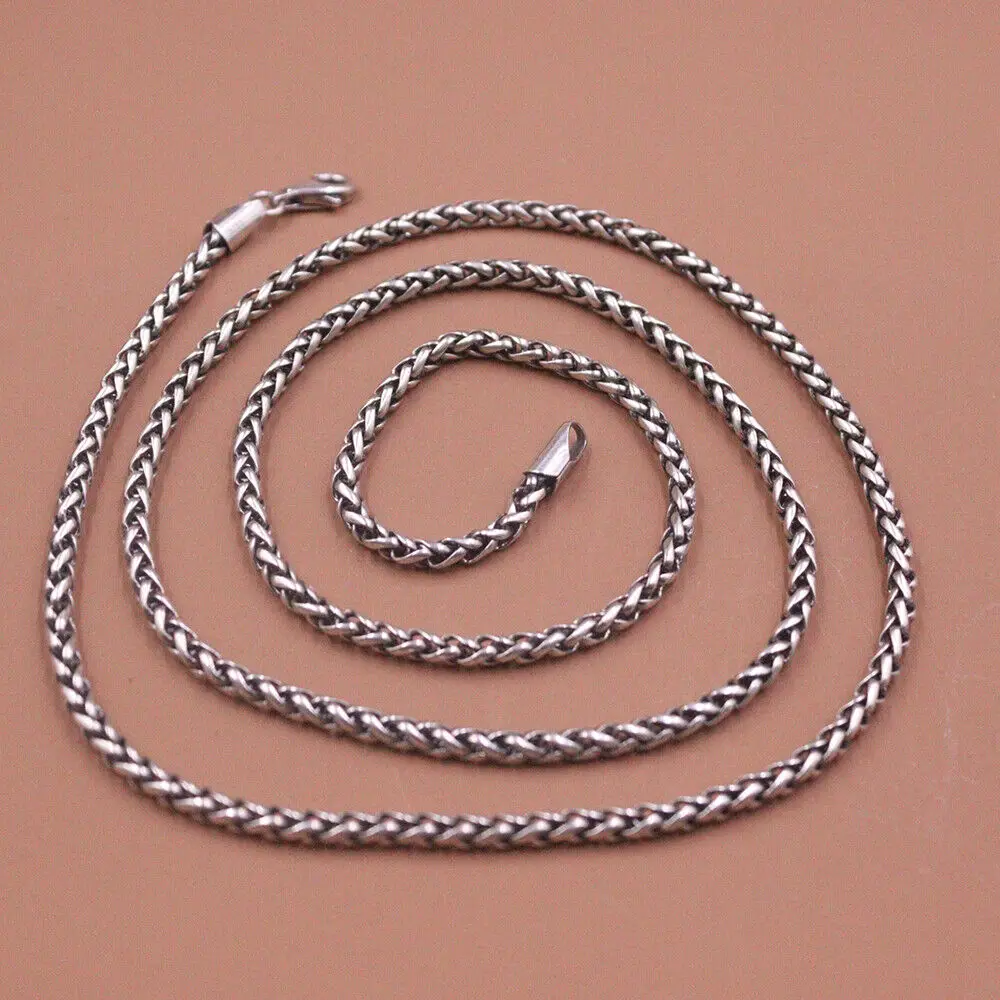 Real 925 Sterling Silver 3mm Round Wheat Link Chain Necklace 25.6