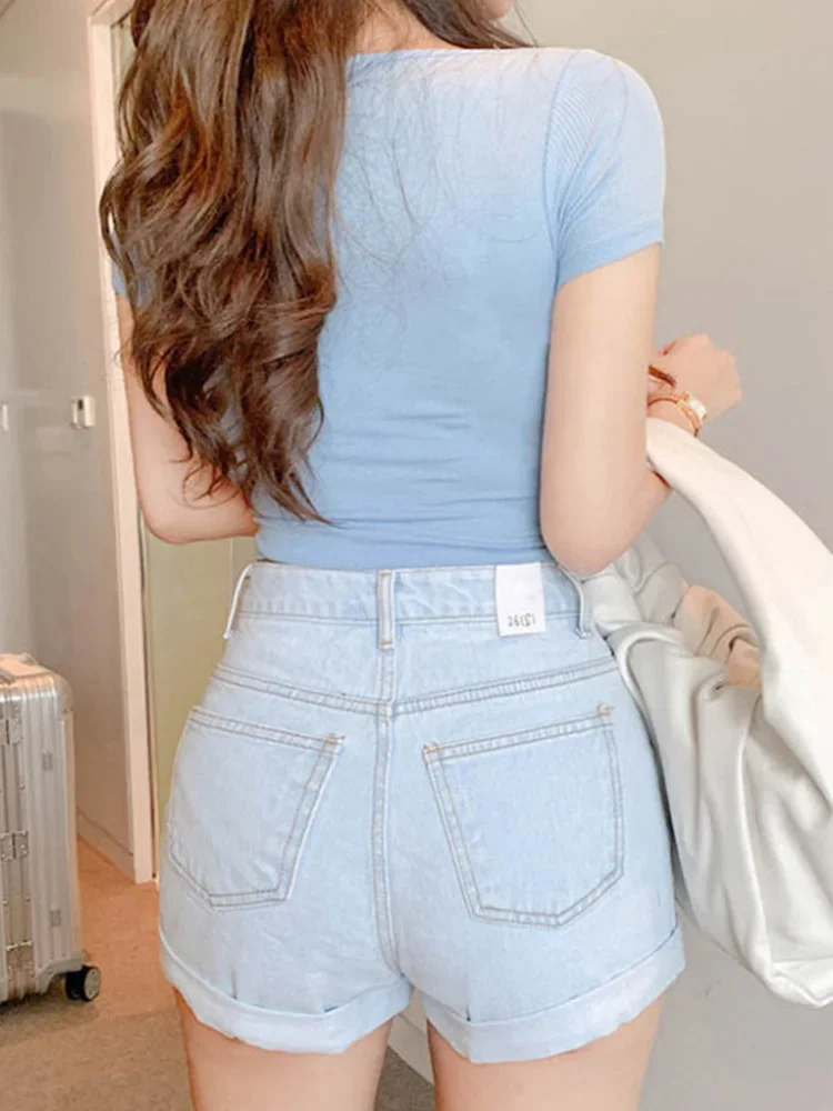 Colletto quadrato Slim Crop Top T Shirt Donna Manica corta T-shirt in cotone Abbigliamento donna 2025 Maglietta estiva Camisetas De Mujer