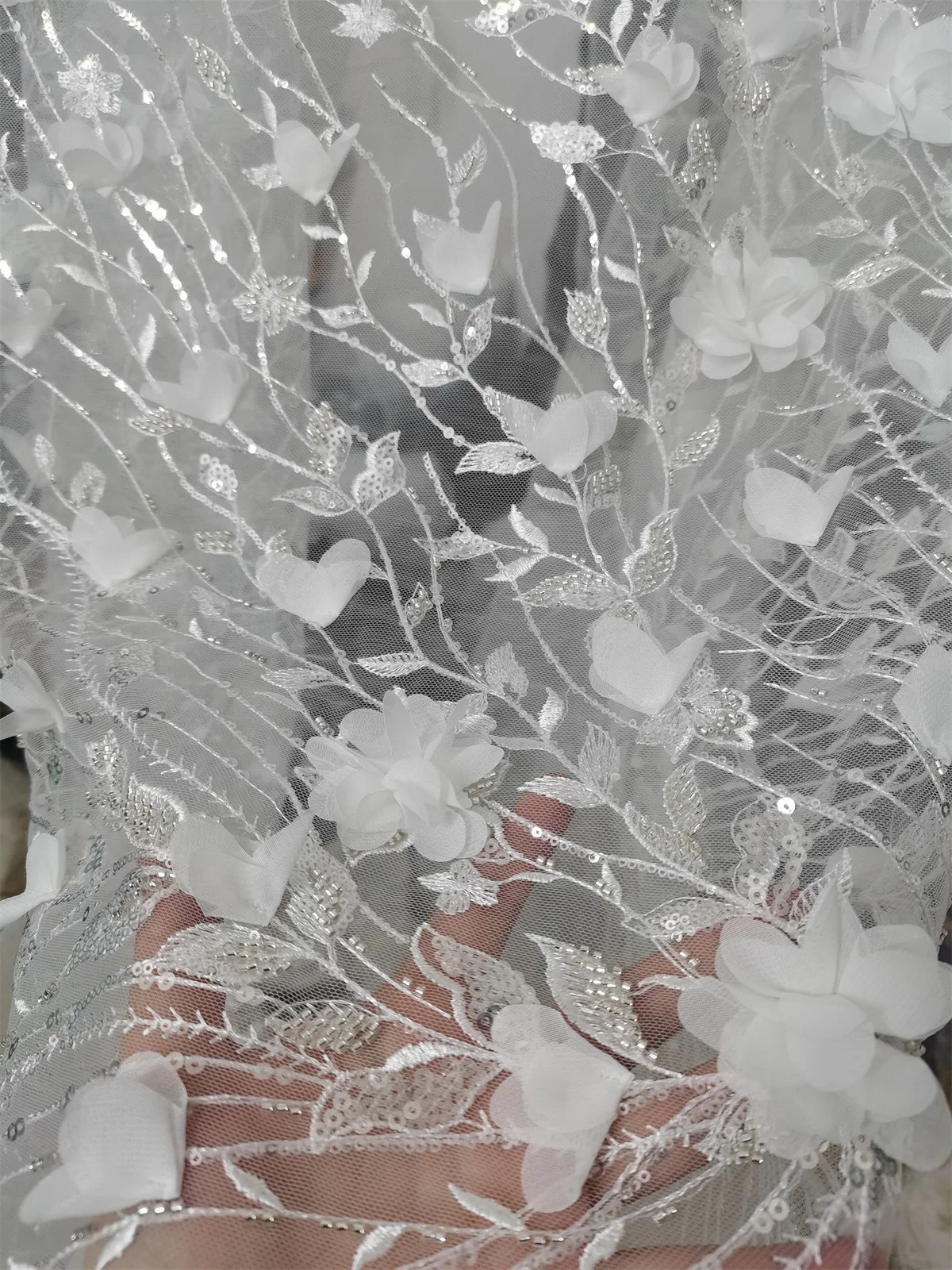 Off White 3d Flower Tulle Mesh Fabric For Wedding Dress Gown Lace Beadings Sell by yard