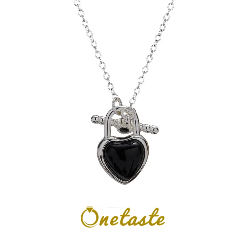 

925 Sterling Silver Black Agate Onyx Heart Jewelry Sets With Pendant Necklace And Hoop Stud Earrings Women Trendy Dainty Jewelry