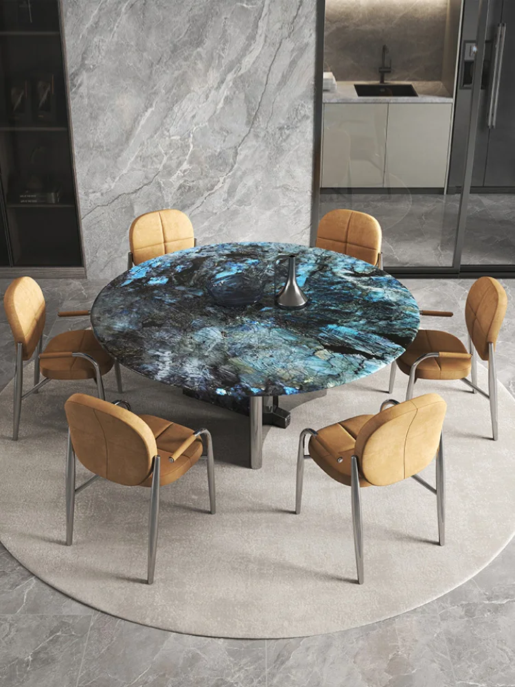 Blue jade marble round dining table Italian light luxury with turntable modern household luxury stone dining table and chair com