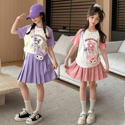 Summer Dress Children Sanrio Kuromi Short-Sleeves Cartoon Letter T-shirt Tops+Pleated Skirt 2Pce Set Korean Preppy Girl Clothes