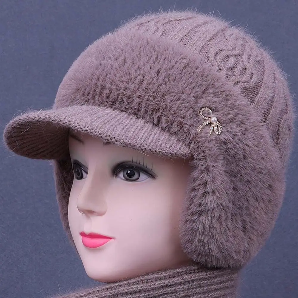Thickened Winter Knit Hat Windproof Elastic Fleece Lined Beanie Soft Yarn Cable Knit Ear Protection Cap Middle Aged