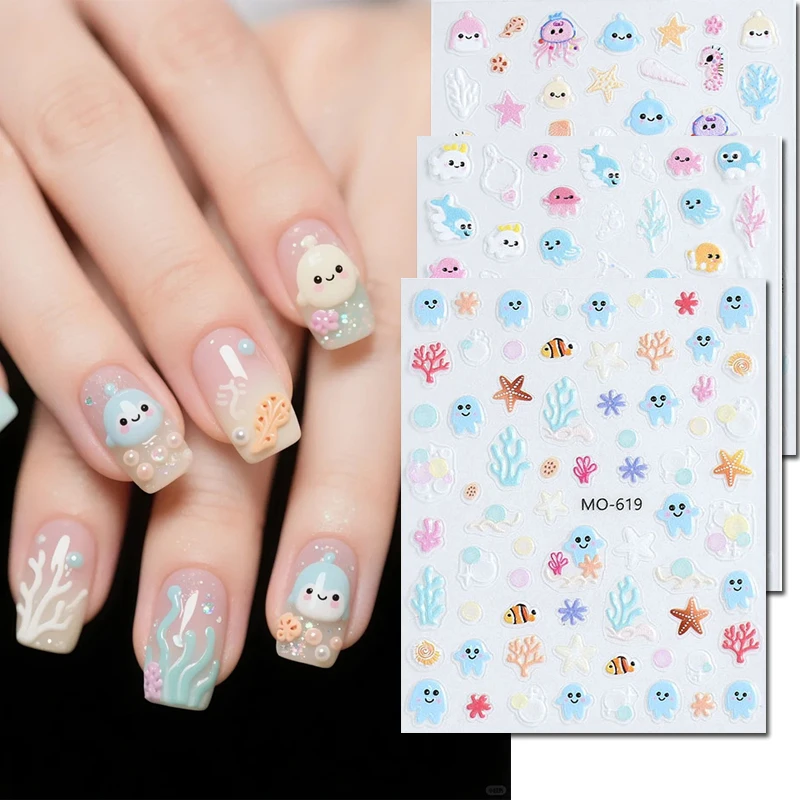 

3pcs 5d Nail art Emboss Stickers Summer Cute Seafood Jellyfish Coral Snail Starfish Decals For Nail Decorations Manicures Beauty