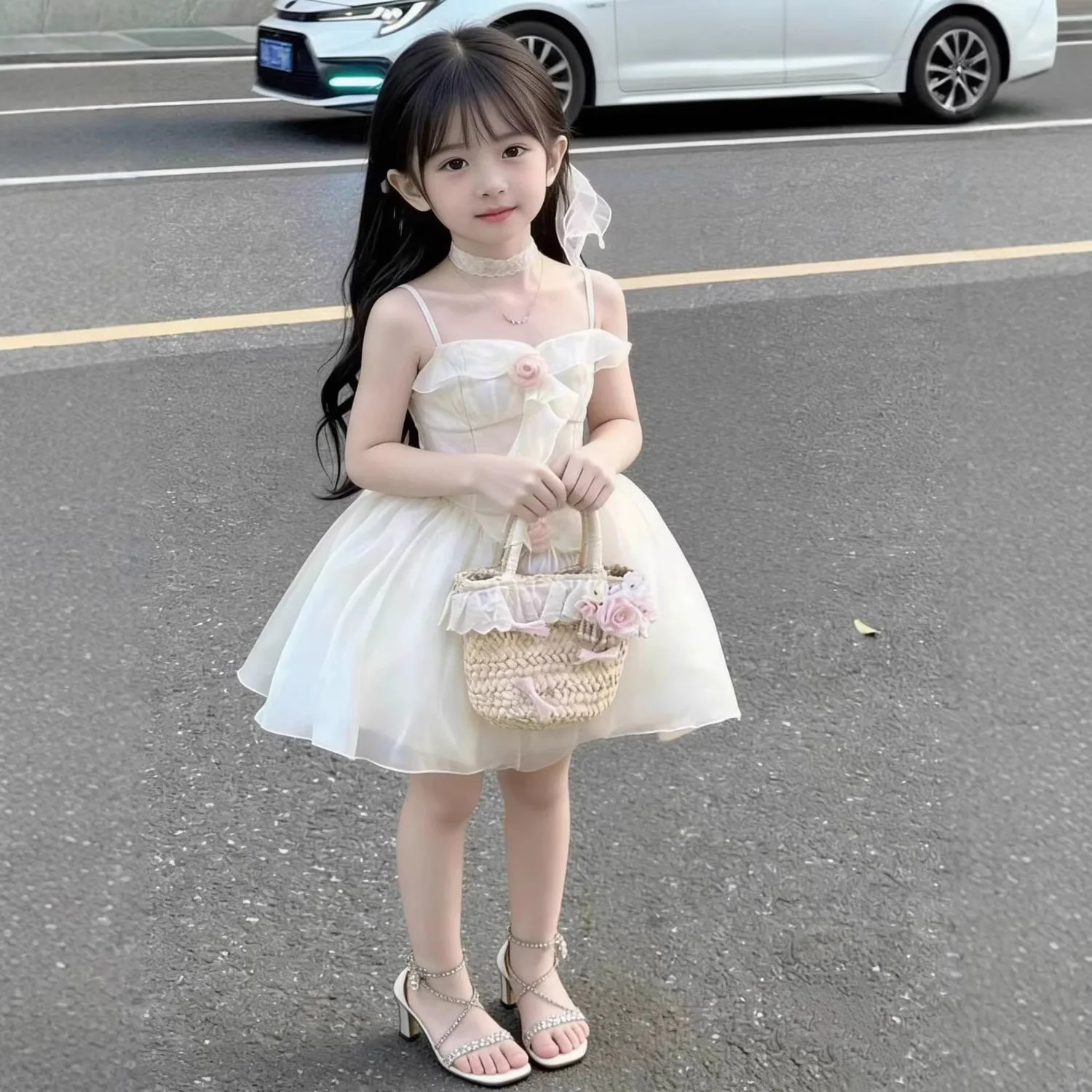 Girls French Suspender Rose Puffy Dress 2026 Summer New Children White Short Dress Sweet Princess Dress