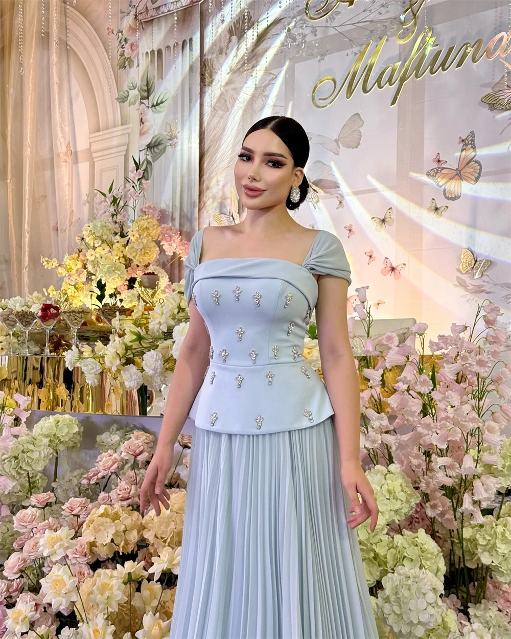 Cathy 맞춤형 블루 스퀘어 칼라 Pleated 댄스 파티 드레스 허리 Cinching Crystal vestidos de noiva 바닥 길이 정장 저녁