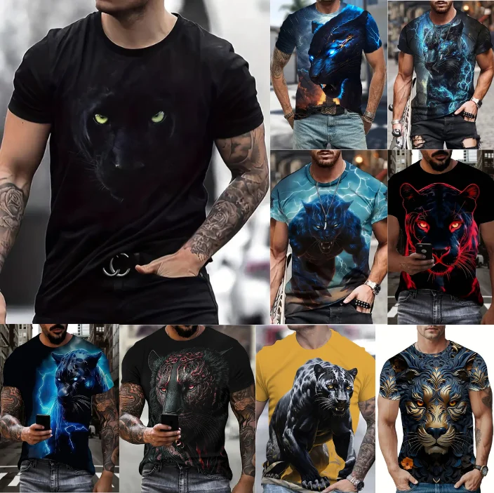 3D Panther Graphic Print T-shirt for Men Summer Casual Short sleeved O-Neck T-shirt Fashion Personality Plus Size Men's Clothing