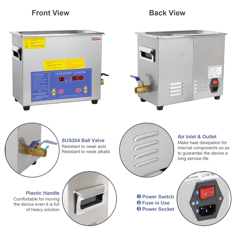 Pulitore ad ultrasuoni Kendal di grado commerciale 180 watt 6L 40 kHz con timer digitale e macchina per la pulizia del riscaldatore, per strumenti per orologi