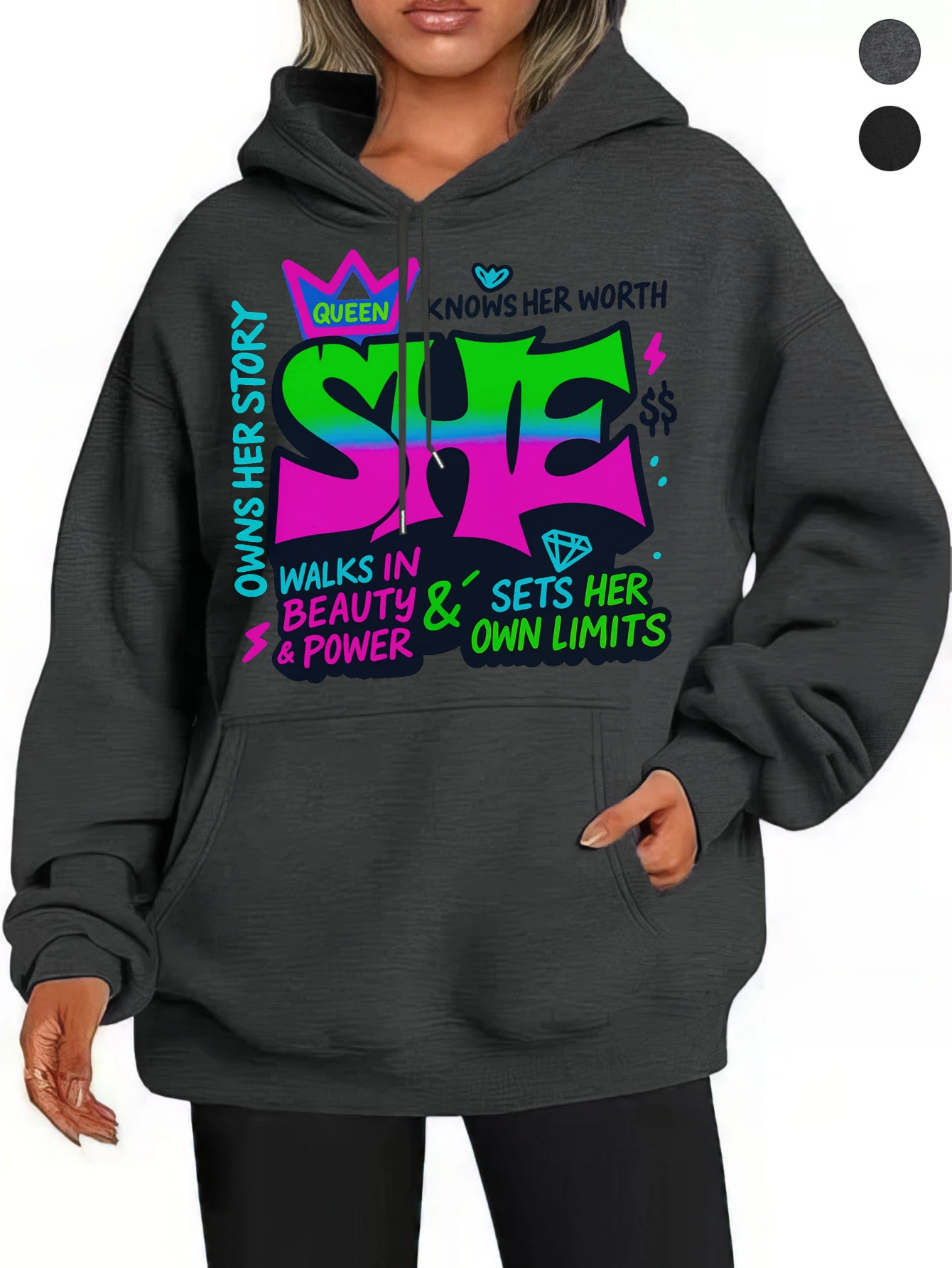She motivational Sudaderas con capucha holgadas para mujer, color negro y gris, algodón suave, para otoño/invierno, Halloween, Acción de Gracias, comodidad