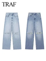 TRAF Women's New Fashoin Casual Blue Baggy Jeans Ripped Denim Pants Woman Vintage High Waist Wide Leg Pants Y2K Trousers Mujer