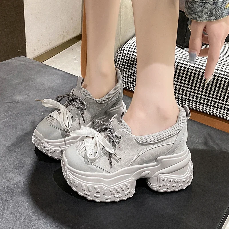 

New Chunky Platform Sneakers Women 2024 Autumn Hidden Heels Breathable Leather Sports Shoes Woman Thick Bottom Vulcanize Shoes