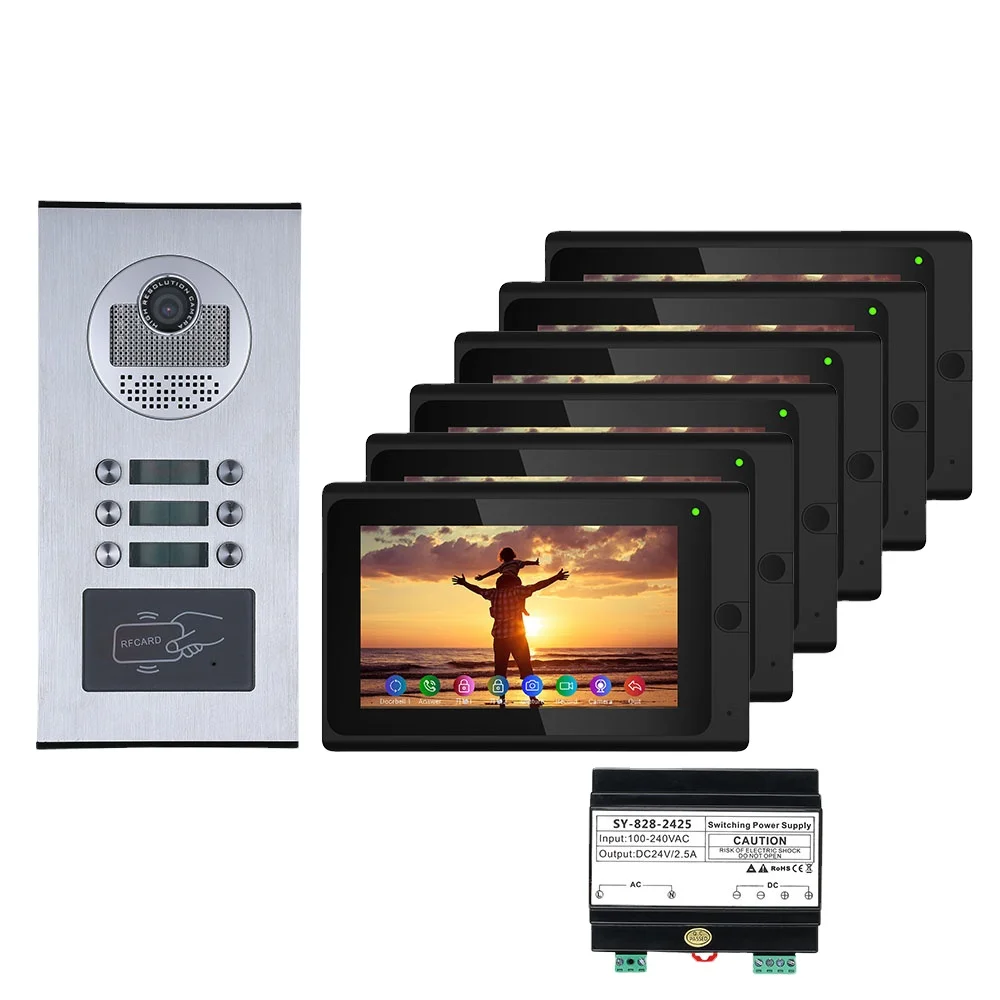 7 Inch BUS 2 Wire Video Doorbell Intercom System For Home 6 Units Apartment Support Night Vision Remote APP