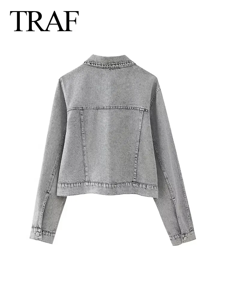 TRAF-abrigo de mezclilla para mujer, chaqueta holgada de un solo pecho con solapa de perlas de imitación, cárdigan Vintage con bolsillo, Primavera