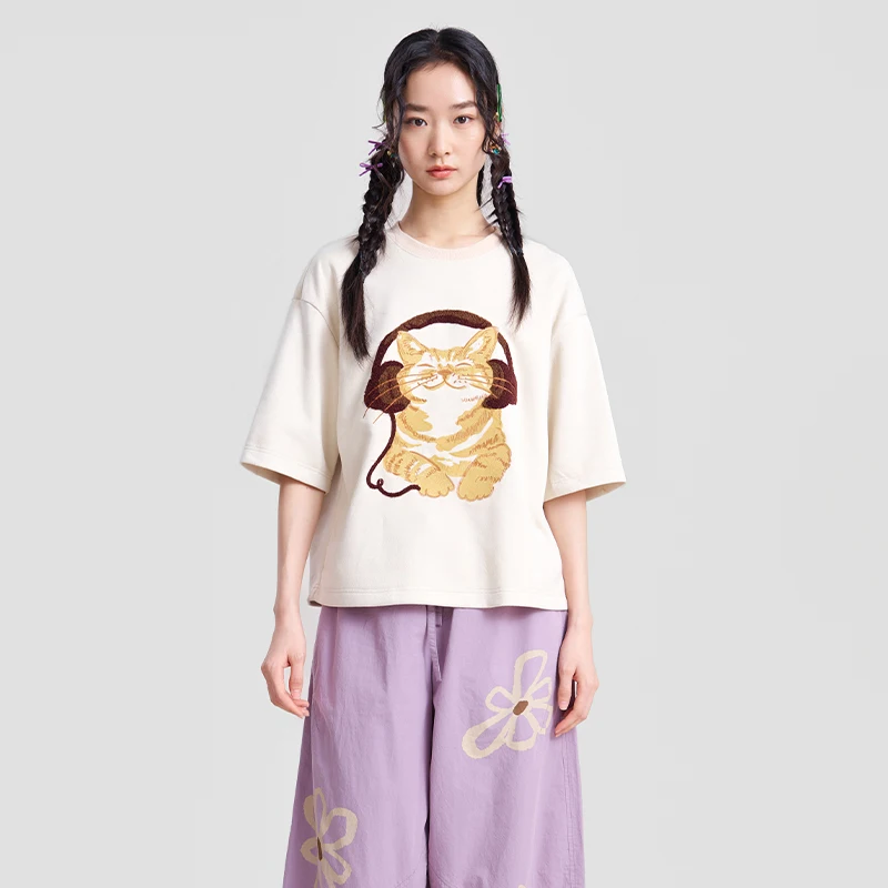 MOVEUP Suede Mid-Sleeve T-shirts 2026 Spring Round Neck Fun Embroidered Tees Loose Casual Short T-Shirt for Women 3ELC10570