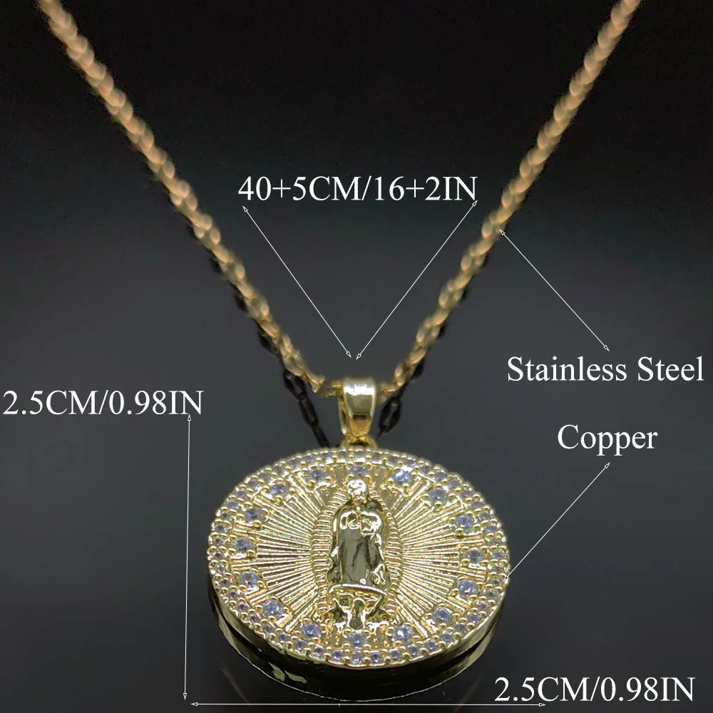 Luxury Virgin Mary Copper Zircon Medal Pendant Necklace for Women Men Stainless Steel Gold Color Our Lady Chain Jewelry collar