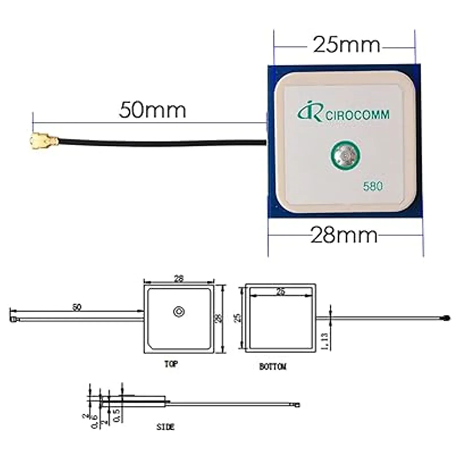 BT-580 Cirocomm GPS هوائي داخلي نشط 32db مكاسب عالية هوائي السيراميك IPEX موصل 25x25x2 مللي متر 1.13 كابل 5 سنتيمتر طويلة