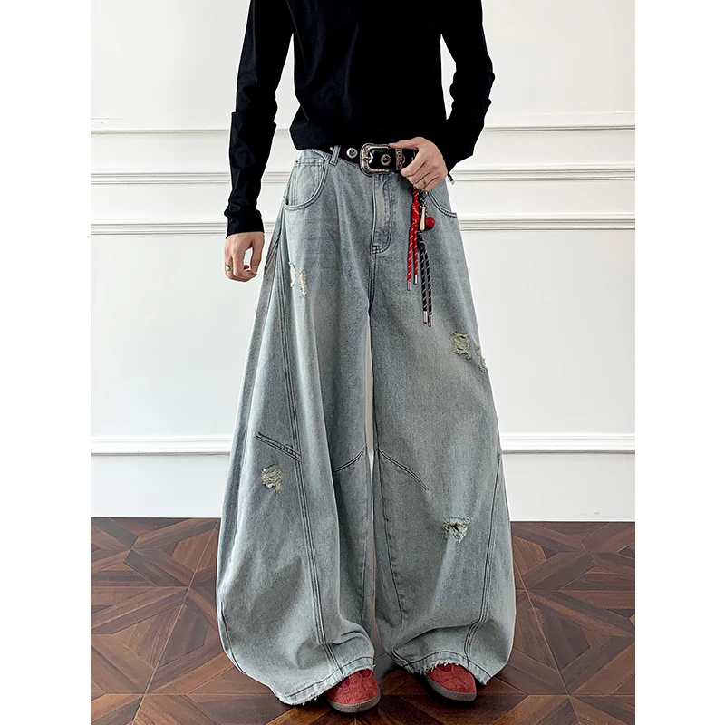 Denim Man Pants Streetwear Men's Jeans Distressed Loose Curve Blade Patchwork Oversized Plus