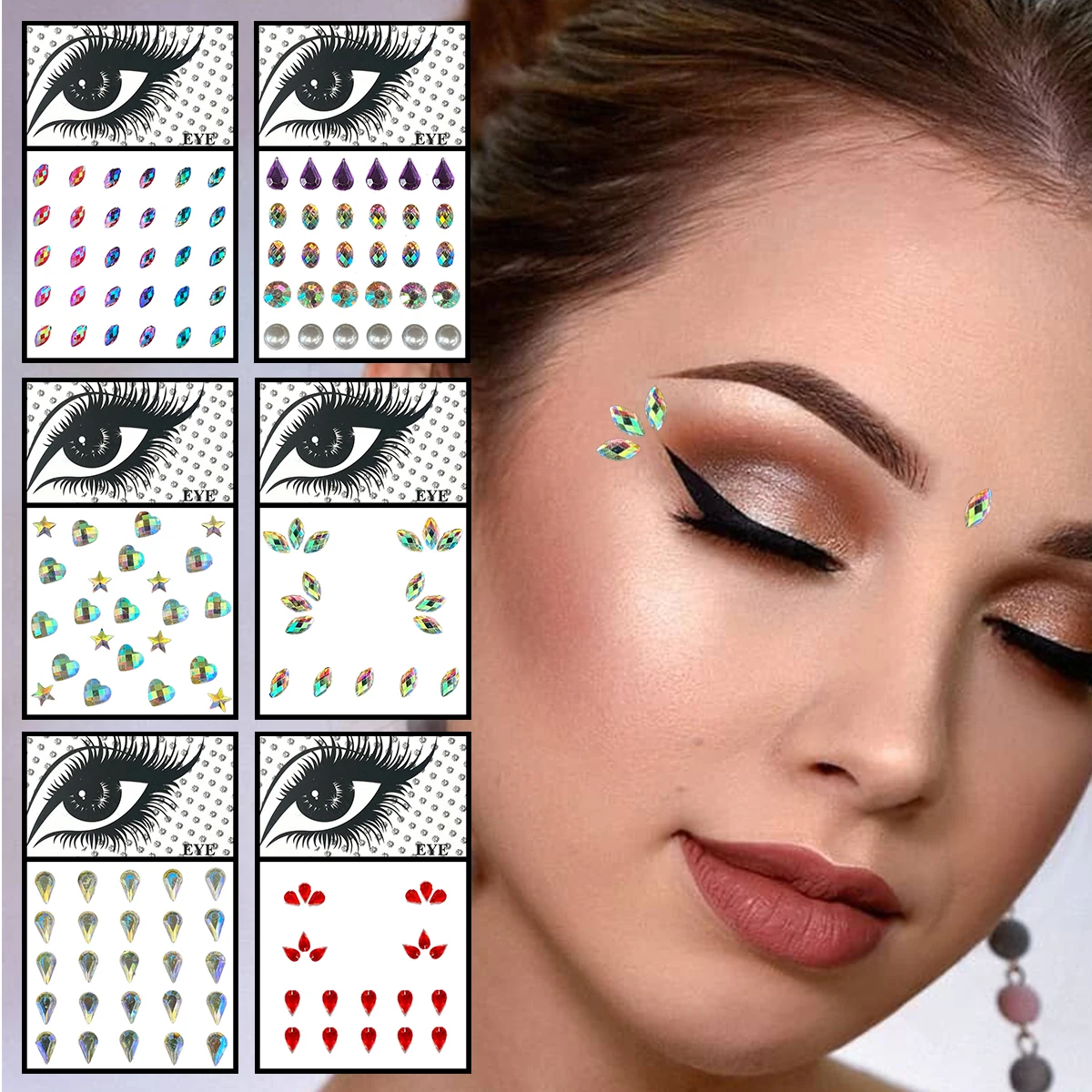 Star Heart Women Face Jewelry Temporary Tattoo Eye Eyeliner Rhinestones Gems Makeup Sticker Flash Tears Pearl Gems Festival Rave