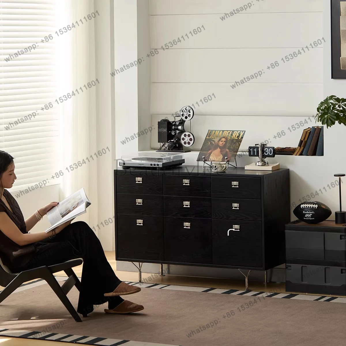 

Ash wood chest storage black storage solid wood dining side bedside cabinet