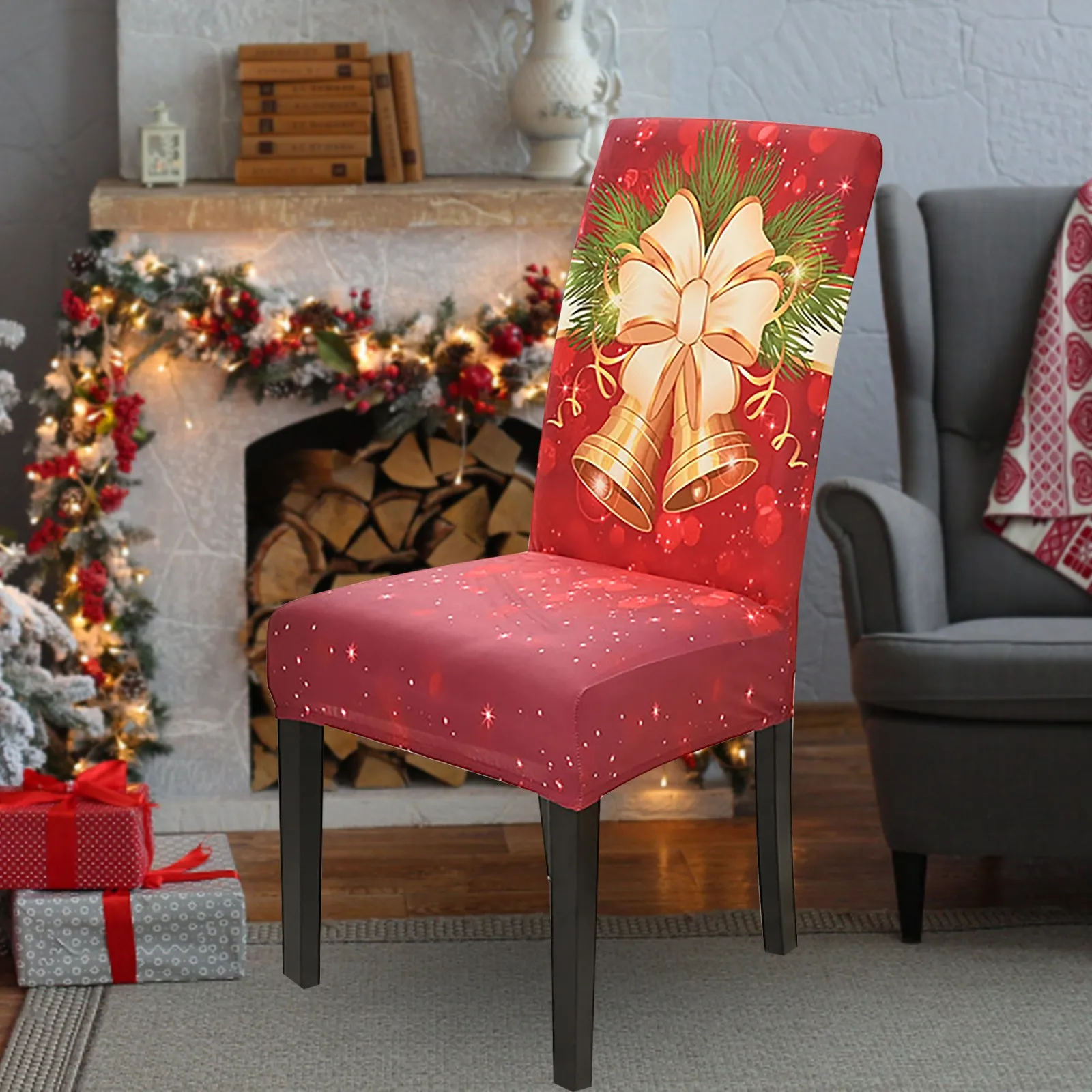 Christmas Chair Cover Thick Chair Back Cover Festive Chair Back Covers Stretchable Washable Slipcovers for Christmas Dining Room