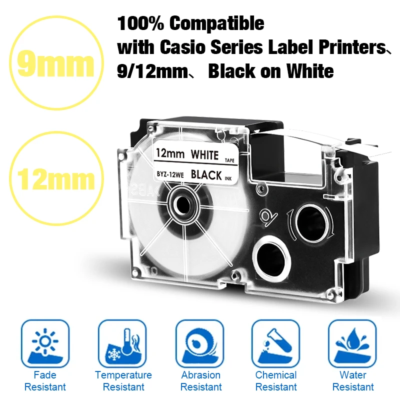 9/12mm XR12WE Casio Label Tape for Casio XR-12WE XR-9WE Cartridge Compatible for Casio KL-120 KL-60 KL-100 KL-170 Label Maker