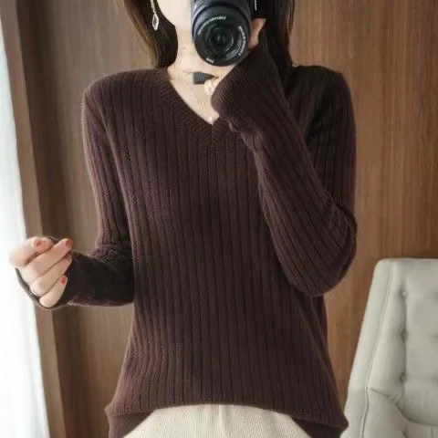 

Autumn Winter Women's Pure Color V-Ne Knitted Sweater Brand Tag Removed Base Layer Top Commute Sle Long Sve Regular Fit