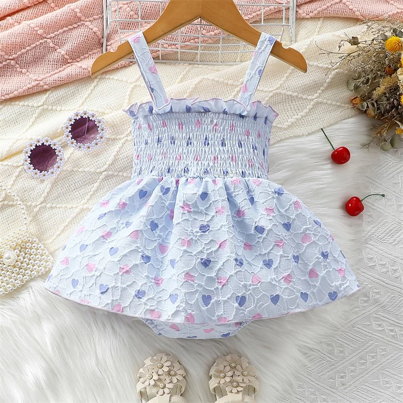 

Baby Girl Summer Romper Cute Sleeveless Square Neck Heart Print Smocked Bodysuit Newborn Dress