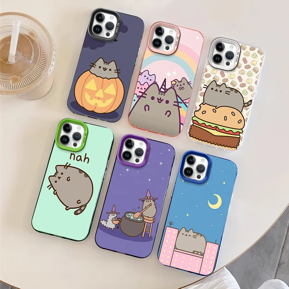 Cartoon P-Pusheens Cute Cat IMD Phone Case for iPhone 11 13 14 12 15 16 Max Pro Plus Laser Cover