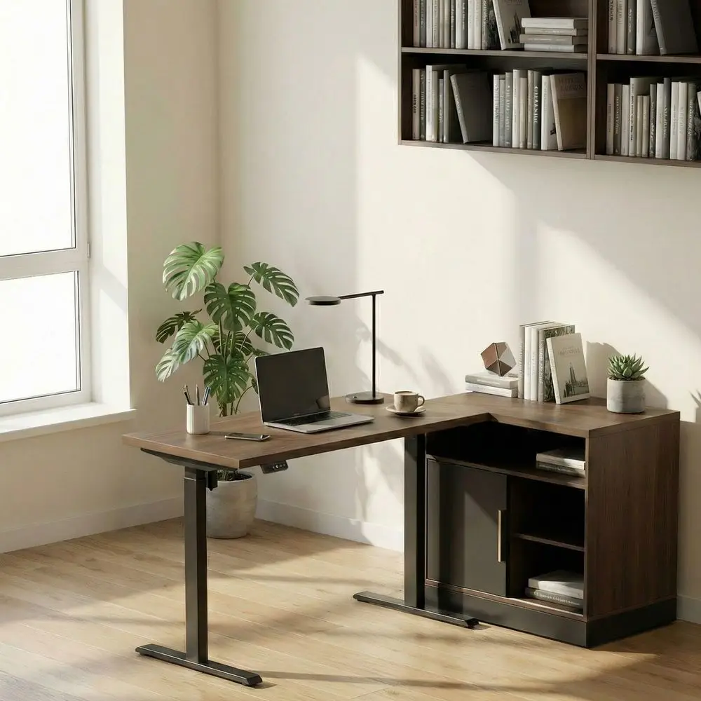 

Electric Standing Desk with Storage Cabinet, Adjustable Height Executive Desk with Credenza, Home Office Workstation with A Eng