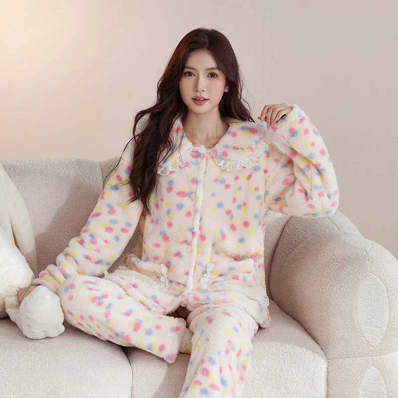 

Autumn Winter Coral Fleece Pajamas Sleepwear Homeclothes Women's Cute Fleece-Lined Thickened Girl's Flannel Nightgown Homewear