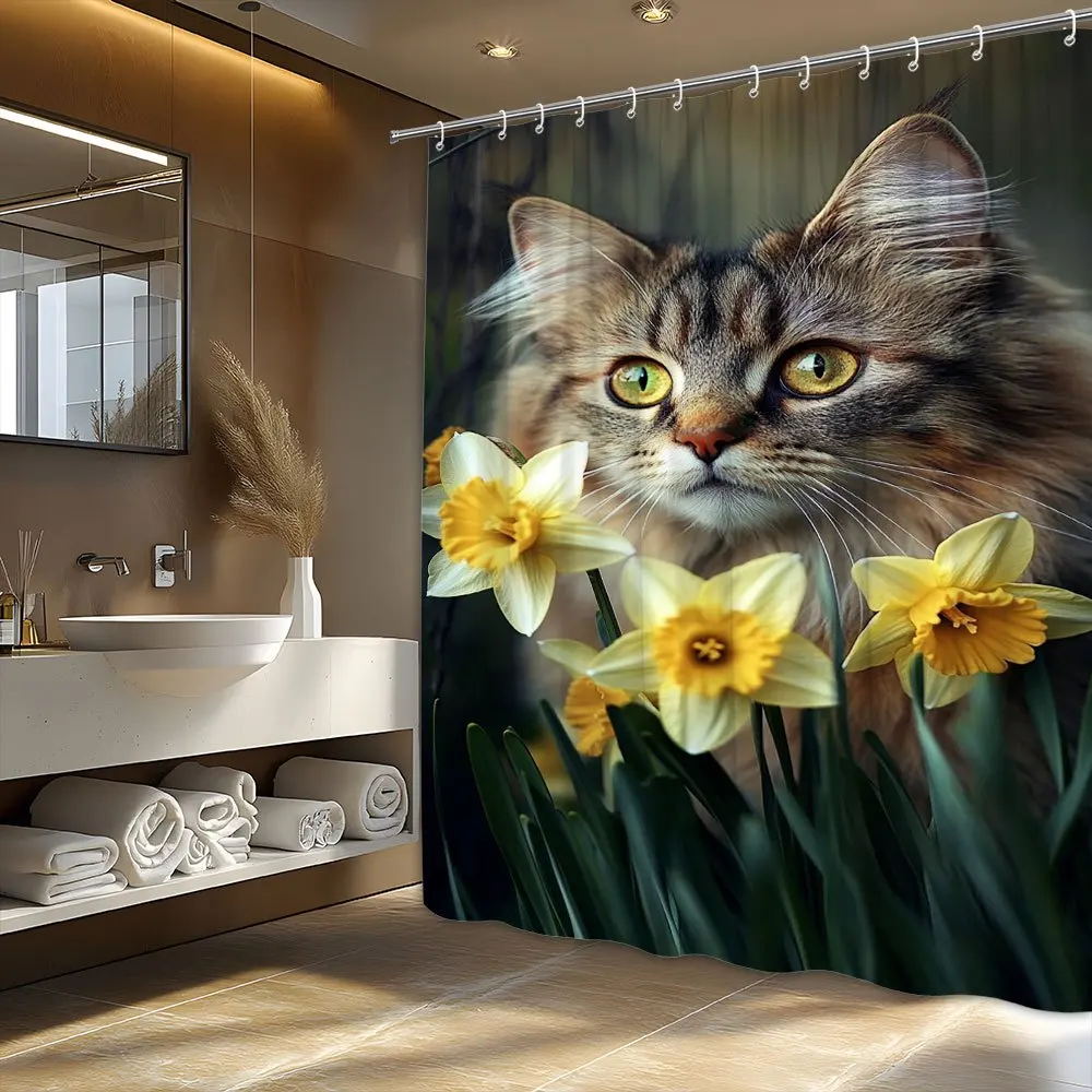 A Feline Gaze Shower Curtain: Transform Your Bathroom into a Serene Retreat with This Stunning Design Featuring a Close-Up
