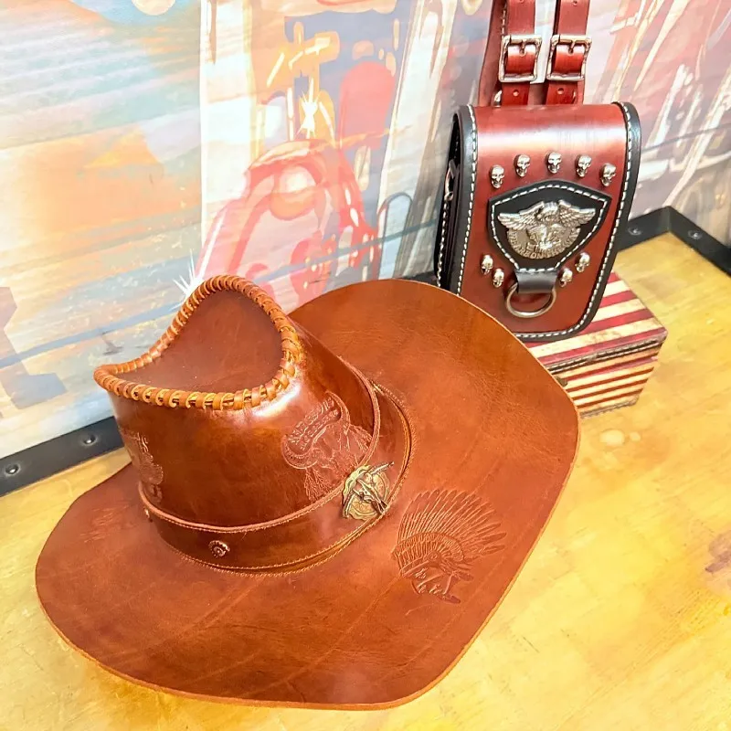 A stylish men's four-in-one biker cap made of heavily handcrafted vegetable-tanned cowhide