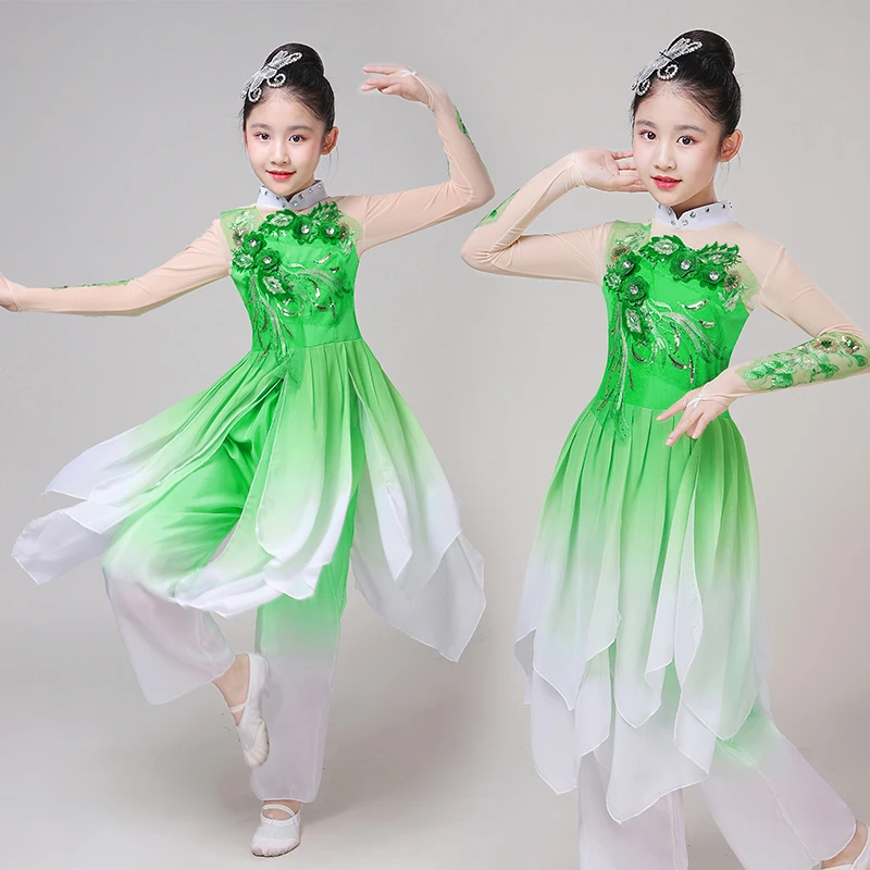 Hanfu infantil trajes de dança clássica, meninas guarda-chuva dança fã, roupas de desempenho, nacional, novo estilo