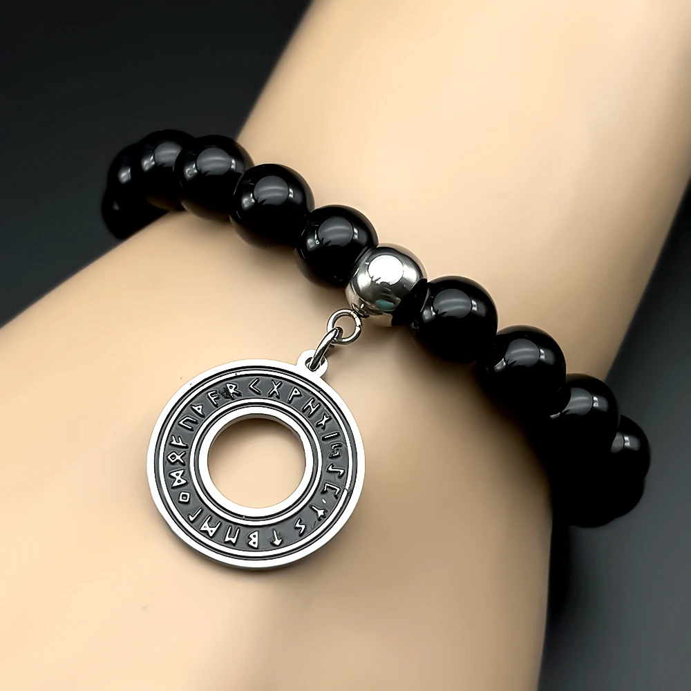

Hematite Nordic Rune Alphabet Viking Bracelet for Women Men Stainless Steel Silver Color Pagan Elder Futhark Hand Chain Jewelry