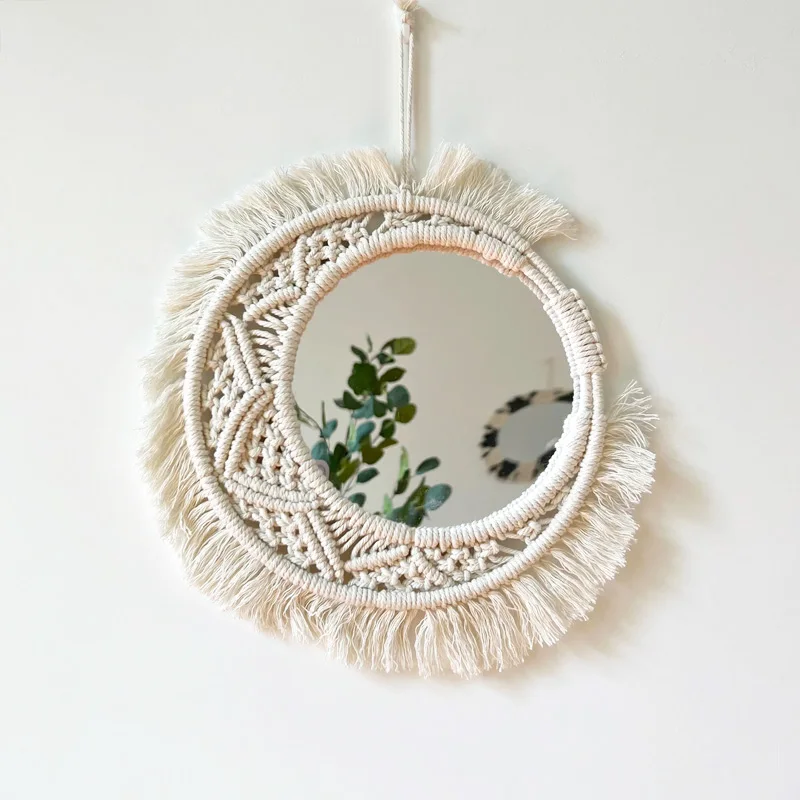 

Nordic Style Round Macrame Wall Tapestry Boho Hand Woven Tassel Mirror Hanging For Living Room Decor